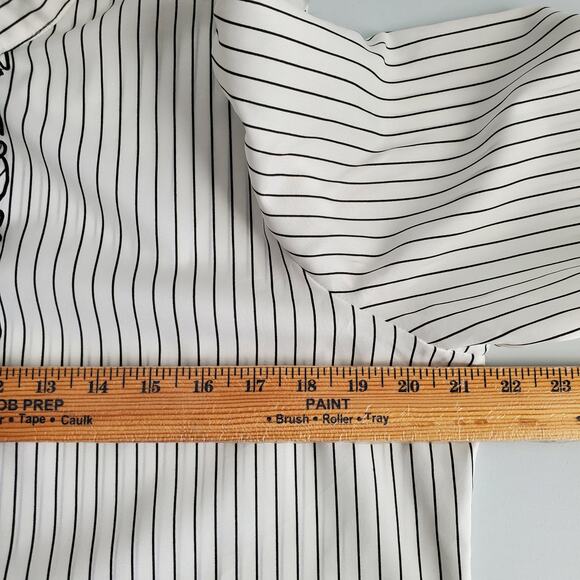 VTG 80s Ruffle High Neck White Black Pinstripe Blouse Shirt L Victorian Vampire - Picture 7 of 9